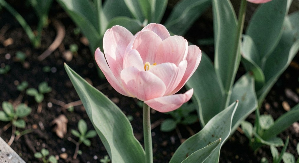 A soft pink double tulip opening in cool morning light above a dark green planting