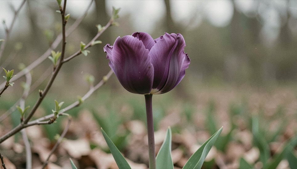 A deep purple parrot tulip with irregular petals and a strong stem against muted spring foliage