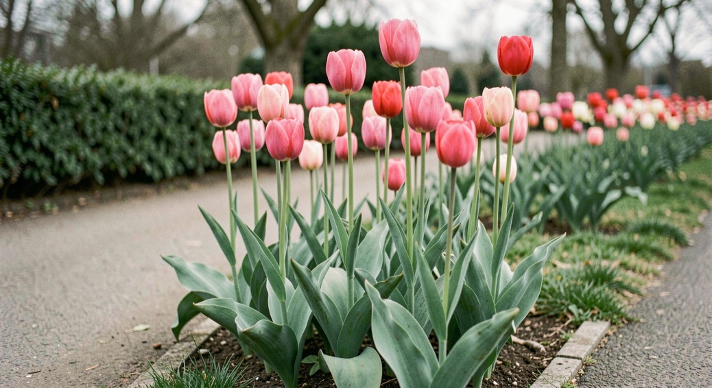 Tall Darwin Hybrid tulips rising above a green border, viewed from the path with stems and leaves clear
