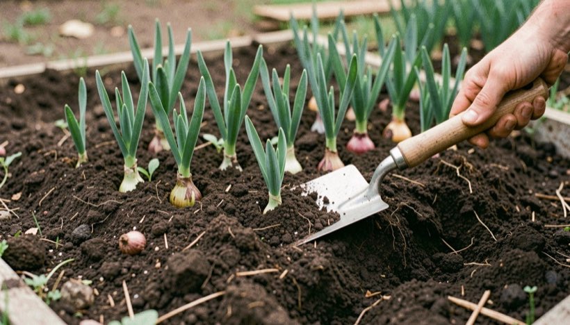 A freshly planted bulb bed with a trowel and loose dark soil