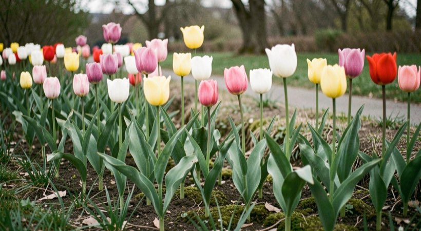 A simple spring border with early and late tulips separated by height