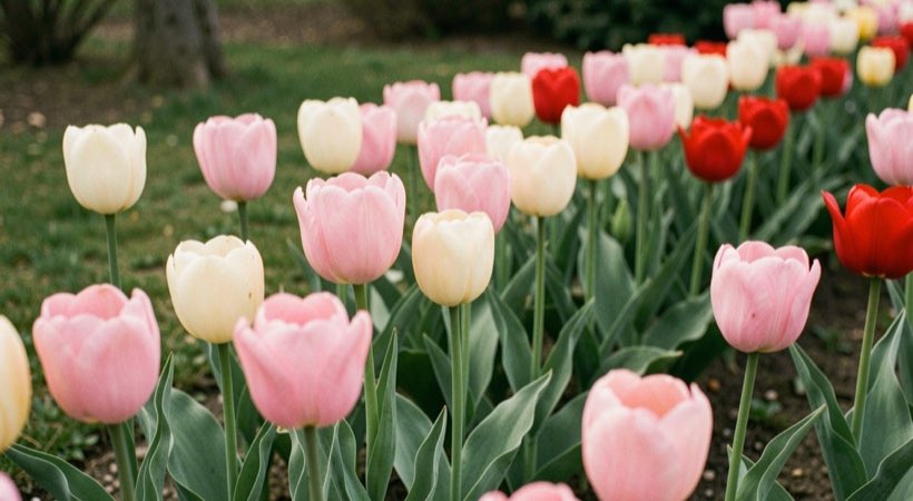 Early and later tulips sharing a border with a quiet sequence of pink, cream and red