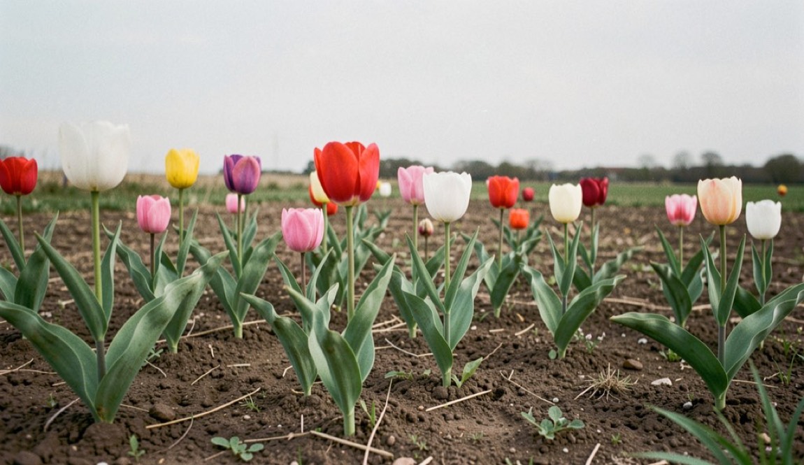 A ground-level spring trial bed with varied tulip forms, visible soil and a calm pale sky