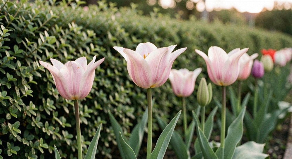 Pointed lily-flowered tulips opening in profile against a soft green hedge in late afternoon