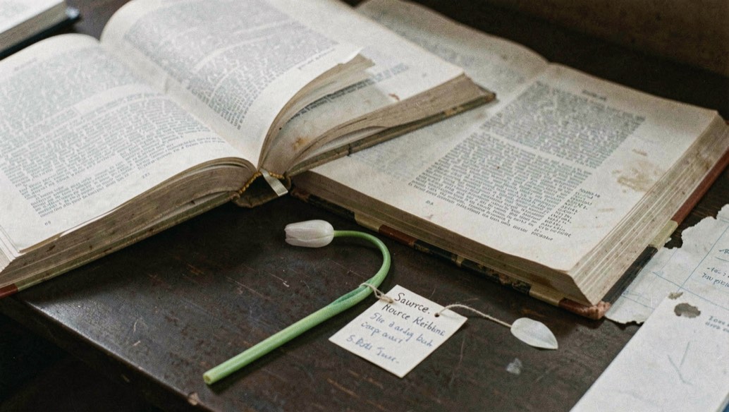 Open reference books, source notes and a labelled tulip specimen arranged on a dark desk