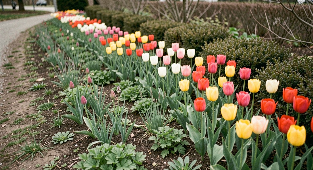 Editorial garden scene kept with the record for Shelter and evergreens around a bulb bed