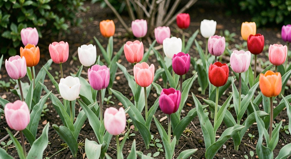 Compact single-cupped tulips flowering together in a low border with short stems and fresh leaves