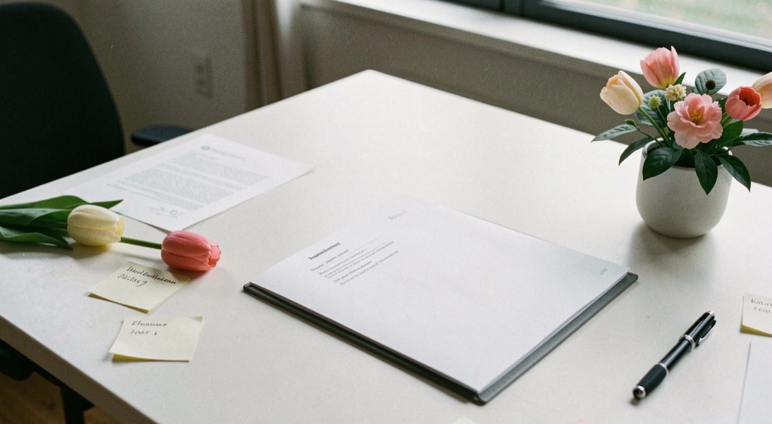 A clean editorial desk with a blank agreement folder, tulip notes and a small flowering plant