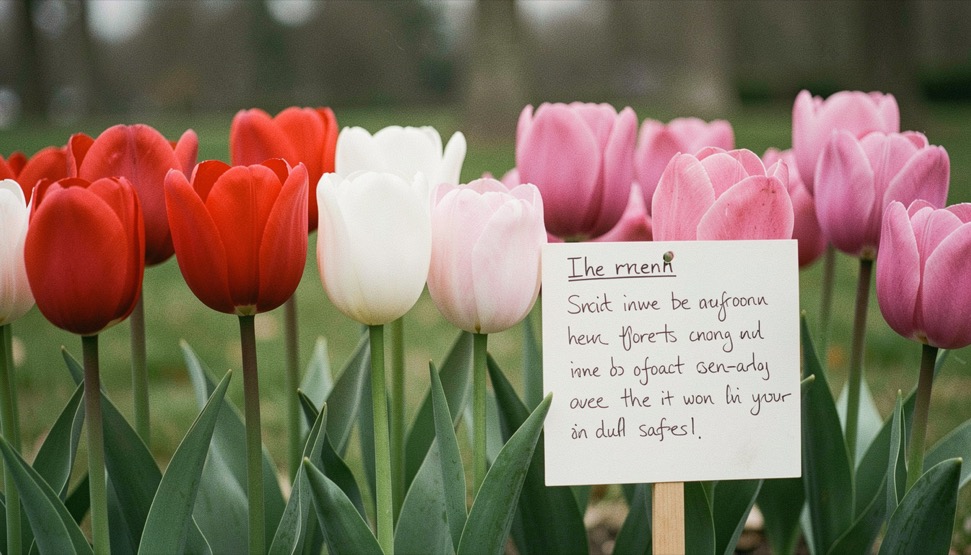 A row of strong mid-season tulip stems in red, white and rose beside a handwritten index card