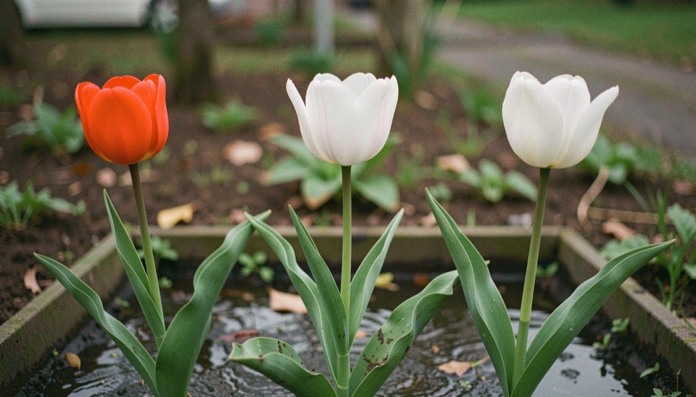 Three tulip flowers with different silhouettes standing in a damp trial bed, with stems and leaves visible