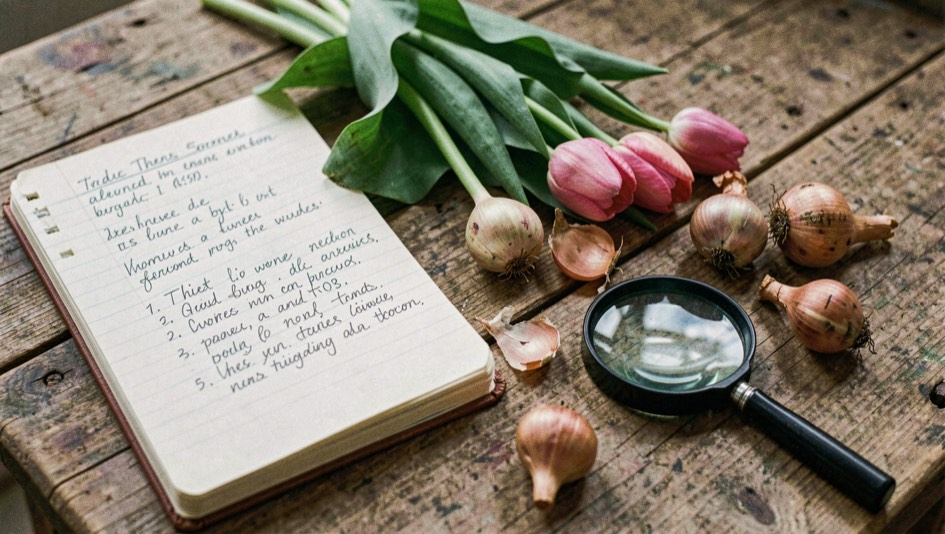 A gardener's notebook beside labelled tulip stems, loose bulbs and a magnifying glass on a wooden table